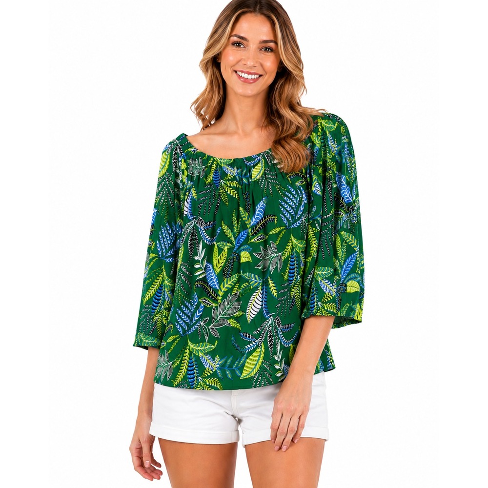 Susan Graver Weekend Printed Cool Touch 3/4 Sleeve Top Green/Mint, Size Meidum
